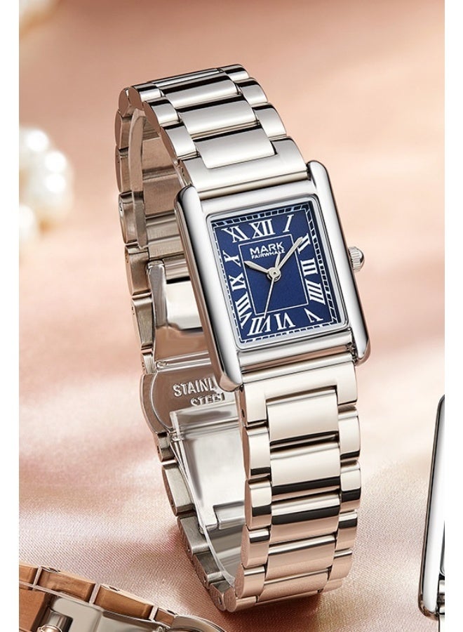 Mark Fairwhale Women's Quartz Watch, Square Case, Alloy Bracelet, Steel Clasp, Blue Dial, 30M Water Resistant - Image 2